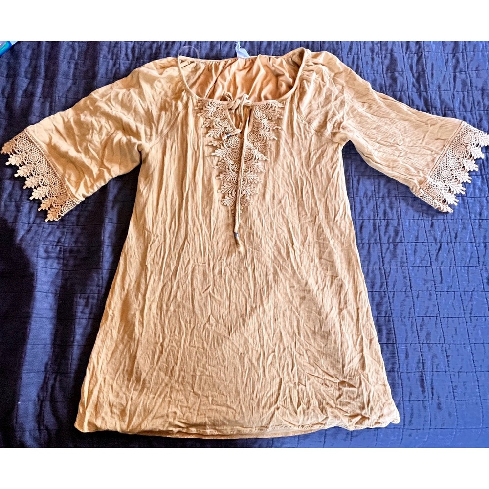 Anthropologie Naïf Mustard Yellow Boho Crochet Lace Mini Dress 3/4 Sleeve M